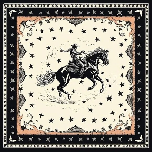 Western Cowboy & Horse Silky Scarf Bandana 26"x26" Star Pattern Navy Border - Picture 1 of 10